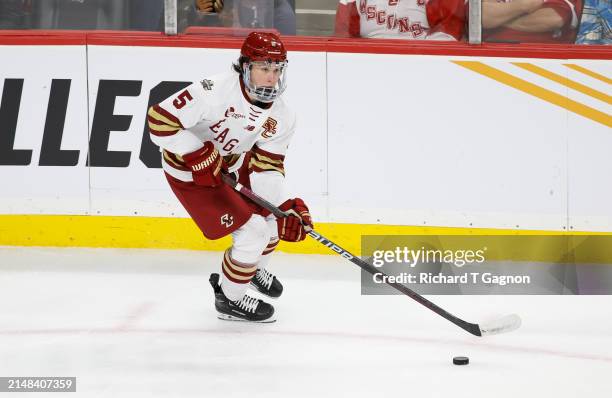 Drew Fortescue of the Boston College Eagles skates against the Michigan Wolverines during the NCAA Mens Hockey Frozen Four semifinal at the Xcel...