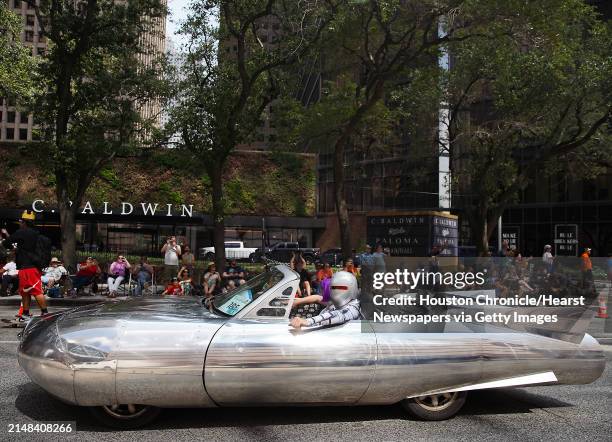 Futuristic art car makes its way through downtown during the 36th Annual Houston Art Car Parade on Saturday, April 15, 2023 in Houston.