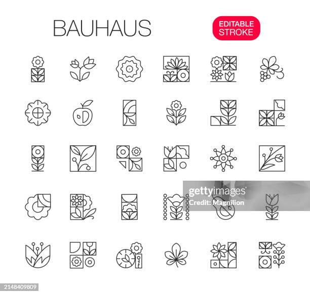 illustrations, cliparts, dessins animés et icônes de ensemble d’éléments d’icônes de ligne bauhaus, trait modifiable - composition florale