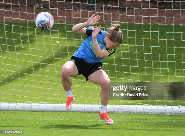 Kim Little of Arsenal gets hit with a ball while in goal during the Arsenal Women's training session at Sobha Realty Training Centre on April 12,...