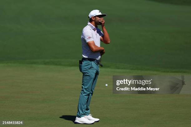 Erik van Rooyen of South Africa reacts on the second green during the second round of the 2024 Masters Tournament at Augusta National Golf Club on...