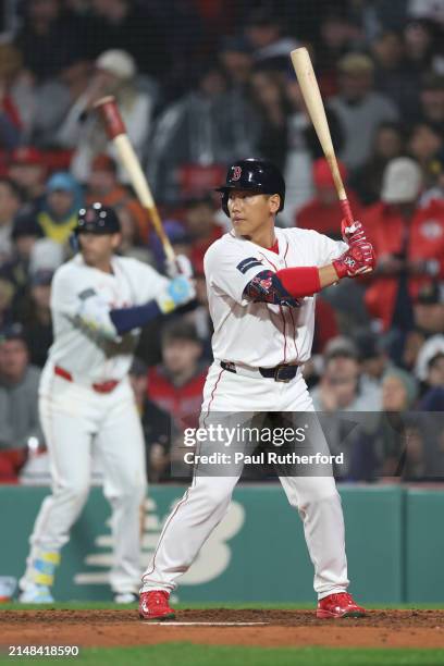 Masataka Yoshida of the Boston Red Sox at bat during the eighth inning against the Baltimore Orioles at Fenway Park on April 11, 2024 in Boston,...