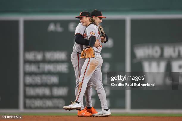 Gunnar Henderson and Jackson Holliday of the Baltimore Orioles celebrate after defeating the Boston Red Sox at Fenway Park on April 11, 2024 in...