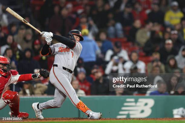 Jackson Holliday of the Baltimore Orioles at bat during the fifth inning against the Boston Red Sox at Fenway Park on April 11, 2024 in Boston,...