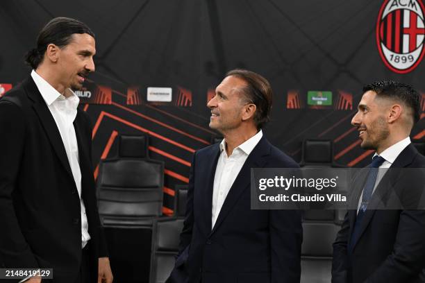 Milan Senior Advisor to Ownership Zlatan Ibrahimovic, AC Milan owner Gerry Cardinale and AC Milan chief scout Geoffrey Moncada attend during the UEFA...