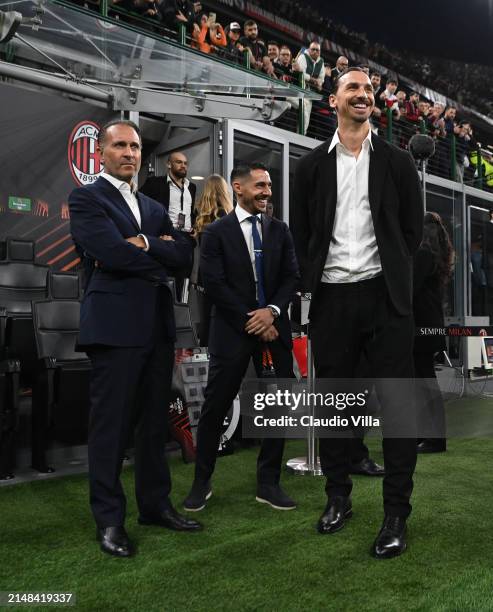 Milan Senior Advisor to Ownership Zlatan Ibrahimovic, AC Milan owner Gerry Cardinale and AC Milan chief scout Geoffrey Moncada attend during the UEFA...