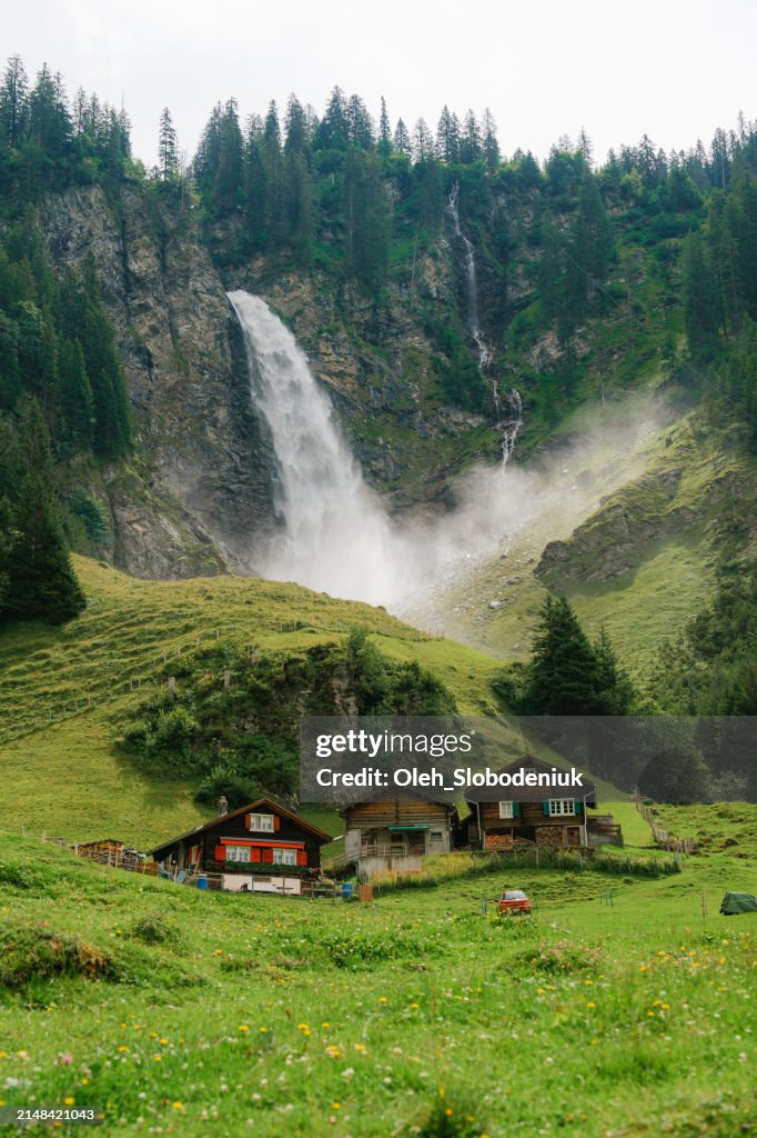 Aerial view of idyllic Stäubifall waterfall and village