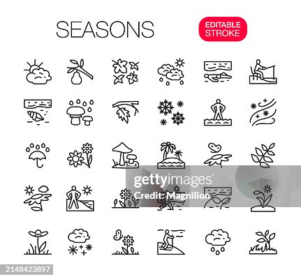 Ensemble d’icônes de ligne de quatre saisons, trait modifiable Ensemble d’icônes de ligne de quatre saisons, trait modifiable
