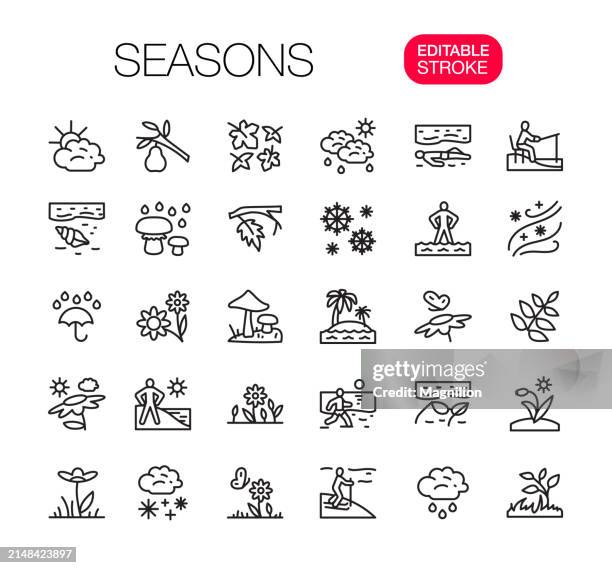 four seasons line icons set, editable stroke - thin ice stock illustrations