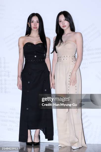 Chaeyoung and Mina of girl group TWICE are seen at the H&M x rokh collaboration 'rokh H&M' collection launch photocall at DDP on April 12, 2024 in...