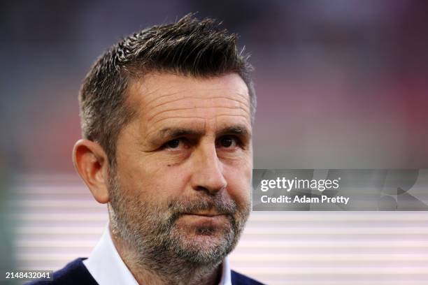 Nenad Bjelica, Head Coach of 1.FC Union Berlin, looks on prior to the Bundesliga match between FC Augsburg and 1. FC Union Berlin at WWK-Arena on...