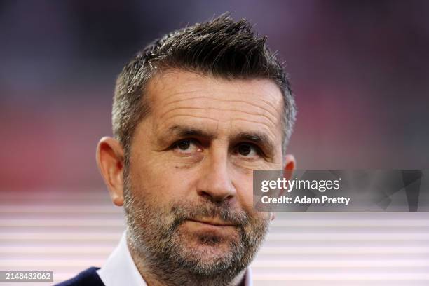 Nenad Bjelica, Head Coach of 1.FC Union Berlin, looks on prior to the Bundesliga match between FC Augsburg and 1. FC Union Berlin at WWK-Arena on...