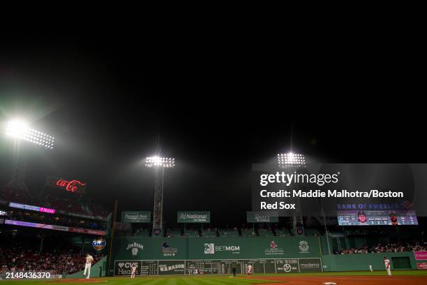 General view as Justin Slaten of the Boston Red Sox pitches during the seventh inning of a game against the Baltimore Orioles on April 11, 2024 at...