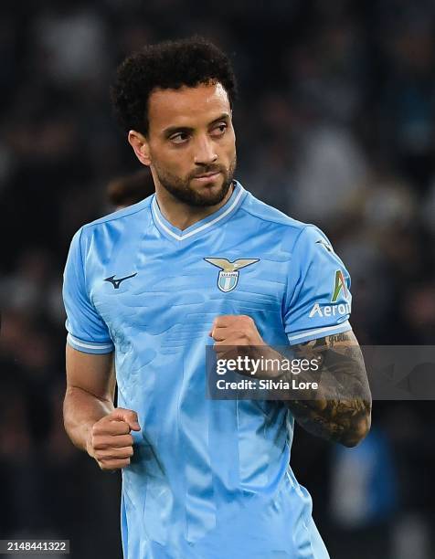 Felipe Anderson of SS Lazio celebrates after scoring goal 1-0 during the Serie A TIM match between SS Lazio and US Salernitana at Stadio Olimpico on...