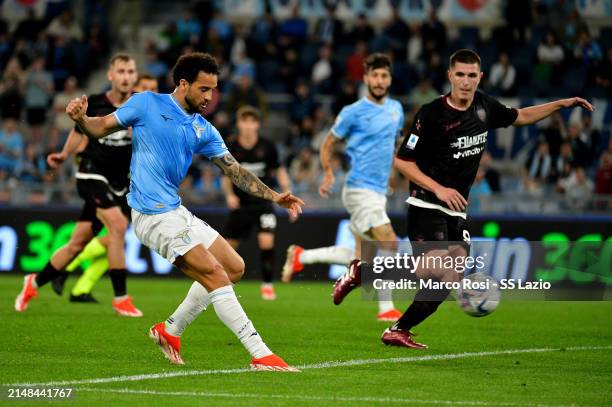 Felipe Anderson of SS Lazio scores a third goal during the Serie A TIM match between SS Lazio and US Salernitana at Stadio Olimpico on April 12, 2024...