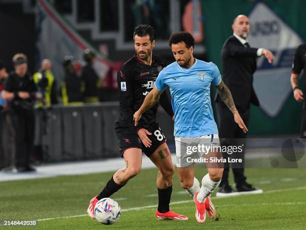Felipe Anderson of SS Lazio steals the ball from Antonio Candreva of US Salernitana and scores goal 1-0 during the Serie A TIM match between SS Lazio...