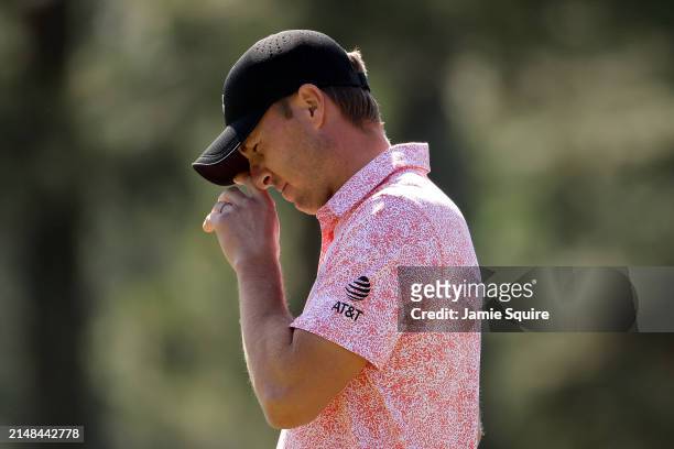 Jordan Spieth of the United States reacts on the seventh green during the second round of the 2024 Masters Tournament at Augusta National Golf Club...