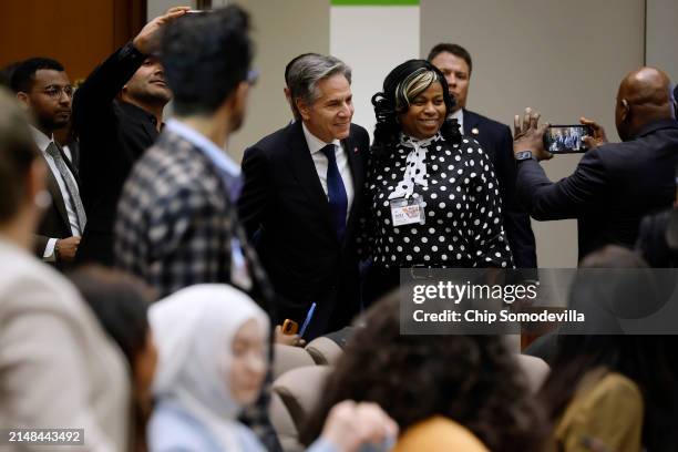 Secretary of State Antony Blinken poses for photographs with participants during the annual Minority Serving Institutions Conference and Career Fair...