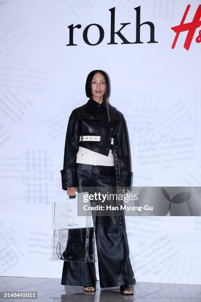 South Korean model Ana Kim is seen at the H&M x rokh collaboration 'rokh H&M' collection launch photocall at DDP on April 12, 2024 in Seoul, South...