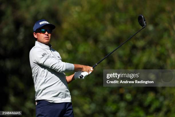 Rickie Fowler of the United States plays his shot from the 11th tee during the second round of the 2024 Masters Tournament at Augusta National Golf...
