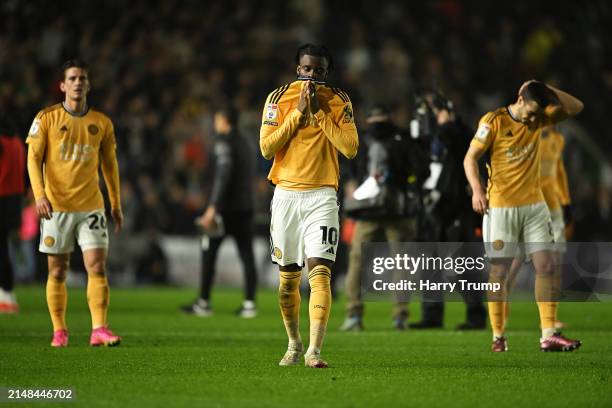Stephy Mavididi of Leicester City and teammates react following their team's defeat in the Sky Bet Championship match between Plymouth Argyle and...