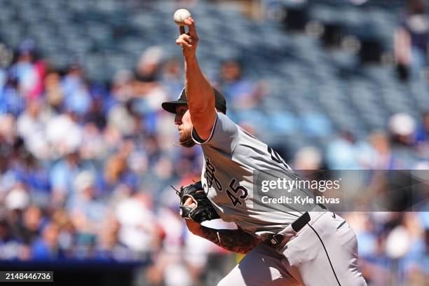 Garrett Crochet of the Chicago White Sox pitches against the Kansas City Royals during the first inning at Kauffman Stadium on April 7, 2024 in...