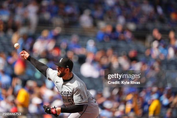 Dominic Leone of the Chicago White Sox pitches against the Kansas City Royals during the seventh inning at Kauffman Stadium on April 7, 2024 in...