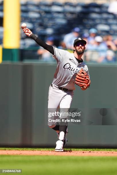 Braden Shewmake of the Chicago White Sox throws the Kansas City Royals runner out a first during the first inning at Kauffman Stadium on April 7,...