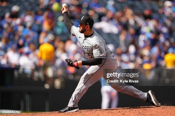 Dominic Leone of the Chicago White Sox pitches against the Kansas City Royals during the seventh inning at Kauffman Stadium on April 7, 2024 in...