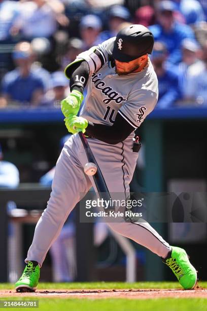 Yon Moncada of the Chicago White Sox connects with a Kansas City Royals pitch during the first inning at Kauffman Stadium on April 7, 2024 in Kansas...