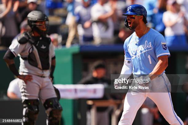 Melendez of the Kansas City Royals celebrates hitting a home run against the Chicago White Sox during the seventh inning at Kauffman Stadium on April...