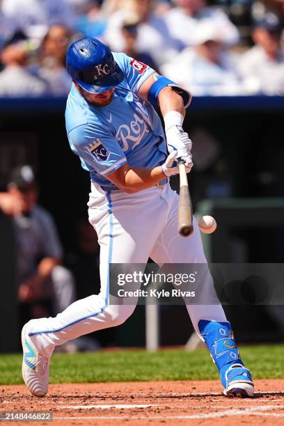 Vinnie Pasquantino of the Kansas City Royals connects with a Chicago White Sox pitch during the third inning at Kauffman Stadium on April 7, 2024 in...