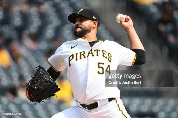 Martín Pérez of the Pittsburgh Pirates in action during the game against the Detroit Tigers at PNC Park on April 9, 2024 in Pittsburgh, Pennsylvania.