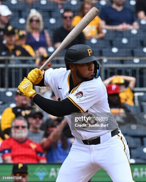 Edward Olivares of the Pittsburgh Pirates in action during the game against the Detroit Tigers at PNC Park on April 9, 2024 in Pittsburgh,...