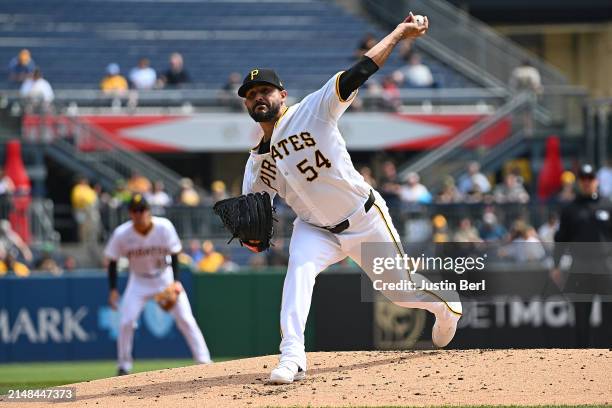 Martín Pérez of the Pittsburgh Pirates in action during the game against the Detroit Tigers at PNC Park on April 9, 2024 in Pittsburgh, Pennsylvania.