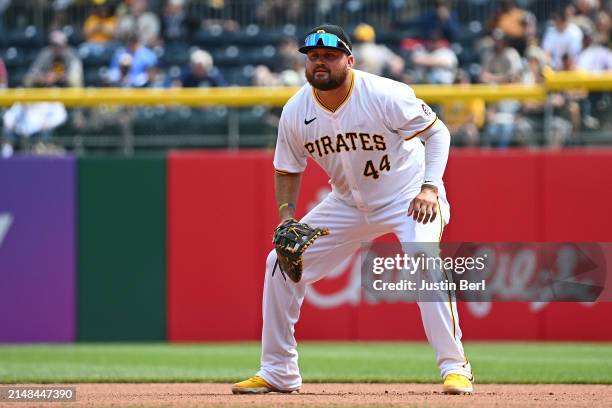 Rowdy Tellez of the Pittsburgh Pirates in action during the game against the Detroit Tigers at PNC Park on April 9, 2024 in Pittsburgh, Pennsylvania.