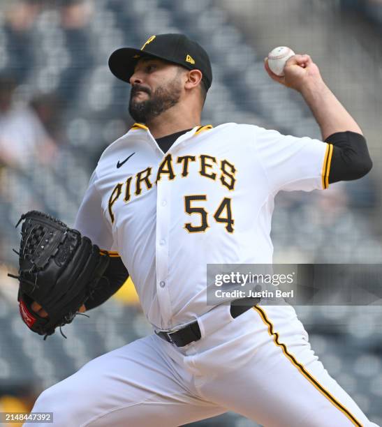 Martín Pérez of the Pittsburgh Pirates in action during the game against the Detroit Tigers at PNC Park on April 9, 2024 in Pittsburgh, Pennsylvania.