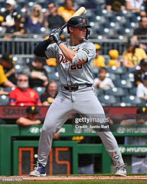 Spencer Torkelson of the Detroit Tigers in action during the game against the Pittsburgh Pirates at PNC Park on April 9, 2024 in Pittsburgh,...