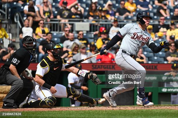 Colt Keith of the Detroit Tigers in action during the game against the Pittsburgh Pirates at PNC Park on April 9, 2024 in Pittsburgh, Pennsylvania.