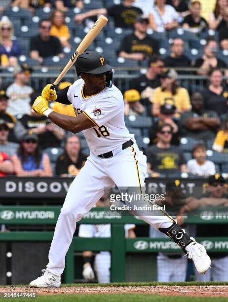 Michael A. Taylor of the Pittsburgh Pirates in action during the game against the Detroit Tigers at PNC Park on April 9, 2024 in Pittsburgh,...