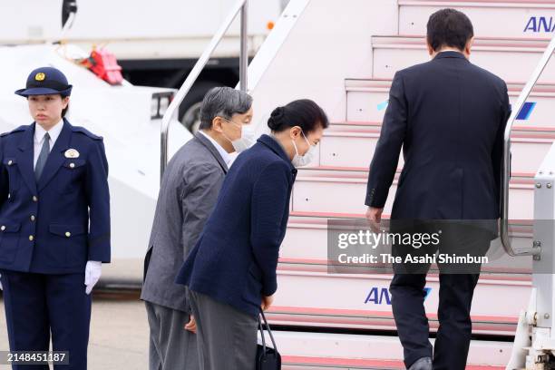 Emperor Naruhito and Empress Masako are seen on departure for quake-hit Noto Peninsula at Haneda Airport on April 12, 2024 in Tokyo, Japan.