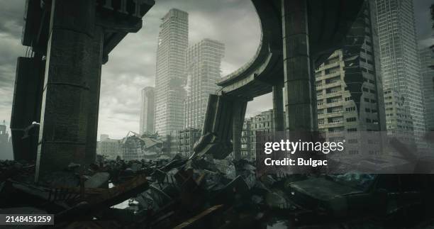 post-apocalyptic cityscape - rubble stock pictures, royalty-free photos & images