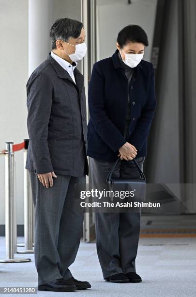 Emperor Naruhito and Empress Masako are seen on arrival at Noto Airport on April 12, 2024 in Wajima, Ishikawa, Japan.