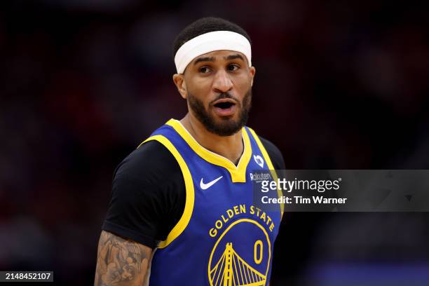 Gary Payton II of the Golden State Warriors reacts in the second half against the Houston Rockets at Toyota Center on April 04, 2024 in Houston,...