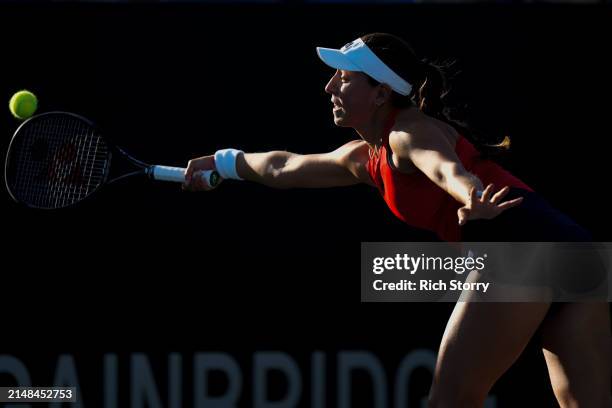 Jessica Pegula of team USA plays a forehand against Sofia Costoulas of Team Belgium during the Billie Jean King Cup Qualifier match between USA and...