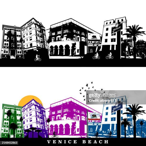 venice beach, kalifornien, stilisiertes stadtbild - venice california stock-grafiken, -clipart, -cartoons und -symbole