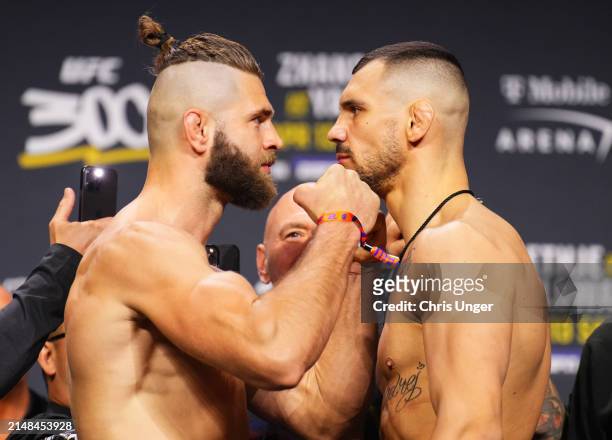 Opponents Jiri Prochazka of the Czech Republic and Aleksandar Rakic of Austria face off during the UFC 300 ceremonial weigh-in at MGM Grand Garden...
