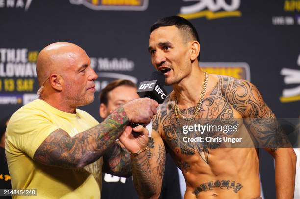 Max Holloway is interviewed by Joe Rogan during the UFC 300 ceremonial weigh-in at MGM Grand Garden Arena on April 12, 2024 in Las Vegas, Nevada.