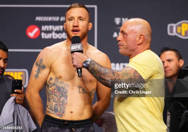 Justin Gaethje is interviewed by Joe Rogan during the UFC 300 ceremonial weigh-in at MGM Grand Garden Arena on April 12, 2024 in Las Vegas, Nevada.