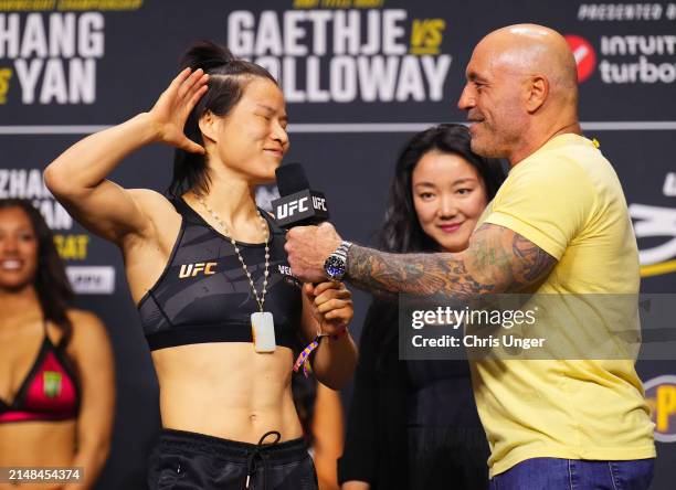 Zhang Weili of China is interviewed by Joe Rogan during the UFC 300 ceremonial weigh-in at MGM Grand Garden Arena on April 12, 2024 in Las Vegas,...